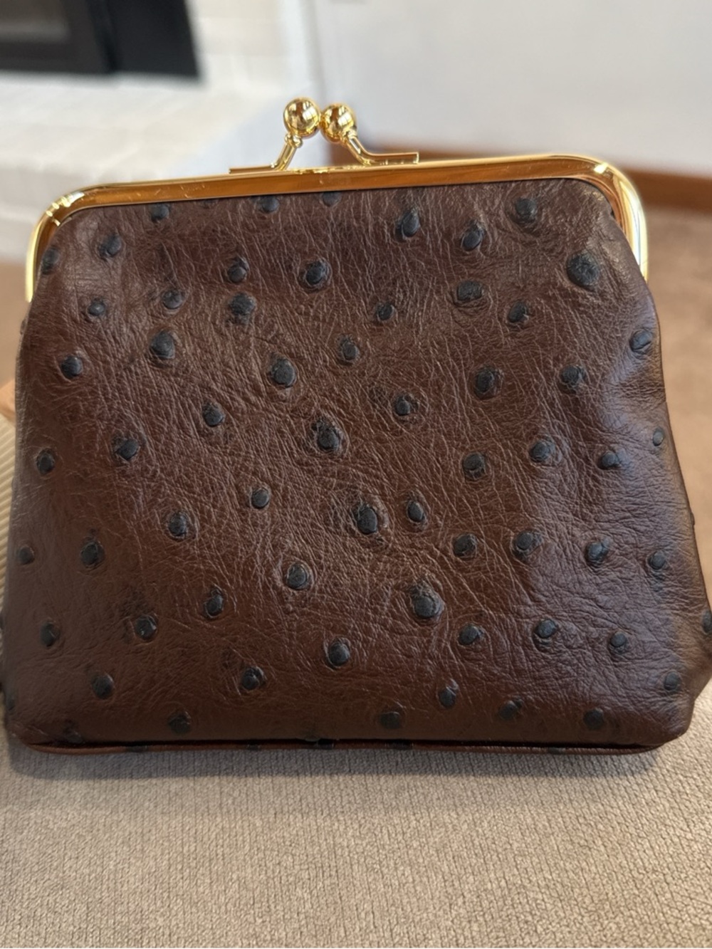 Dooney & Bourke Dark Brown Ostrich-Embossed Kiss-Lock Wallet with Gold Hardware - Picture 2 of 4